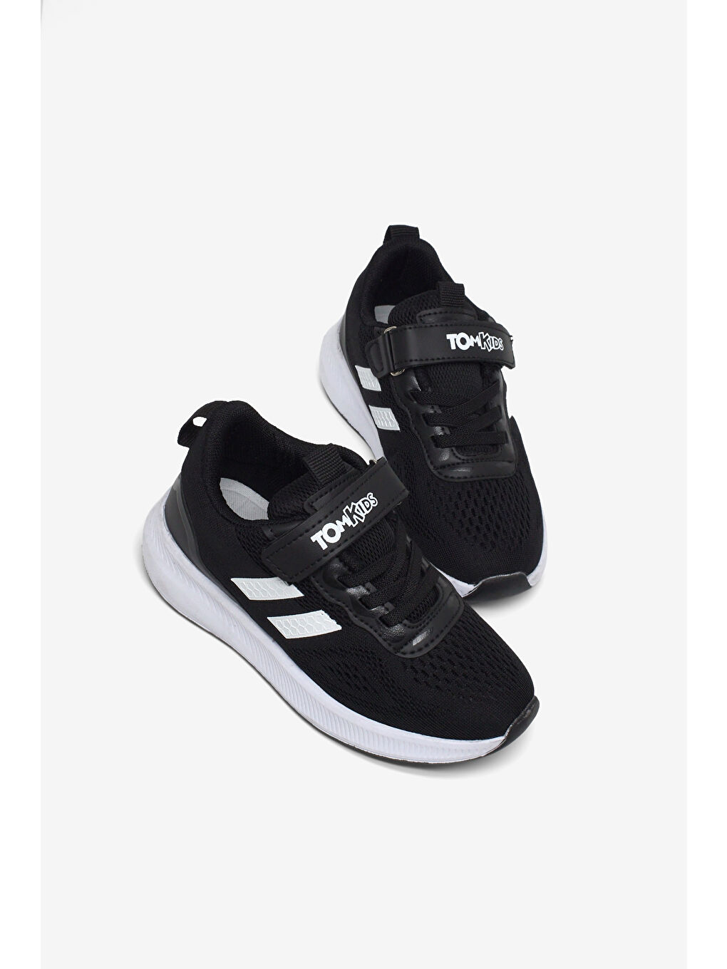 Çocuk Unisex Siyah Beyaz Rahat Kalıp Nefes Alabilen Cırtlı Bağcıklı Sneaker-4