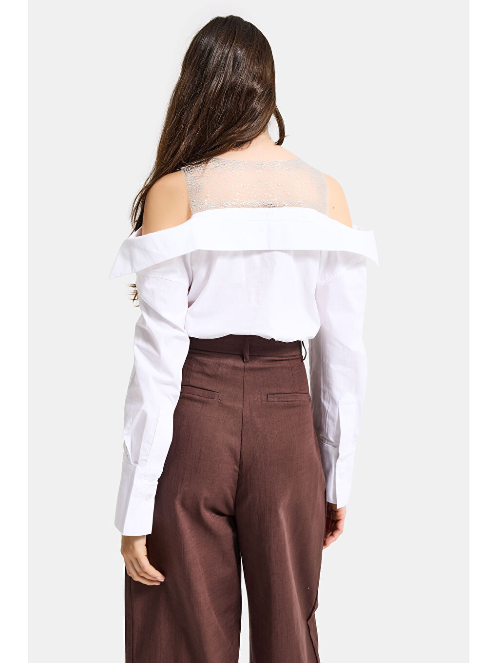 Kadın Beyaz Oversize Tül Dantelli Özel Tasarım Gömlek-5