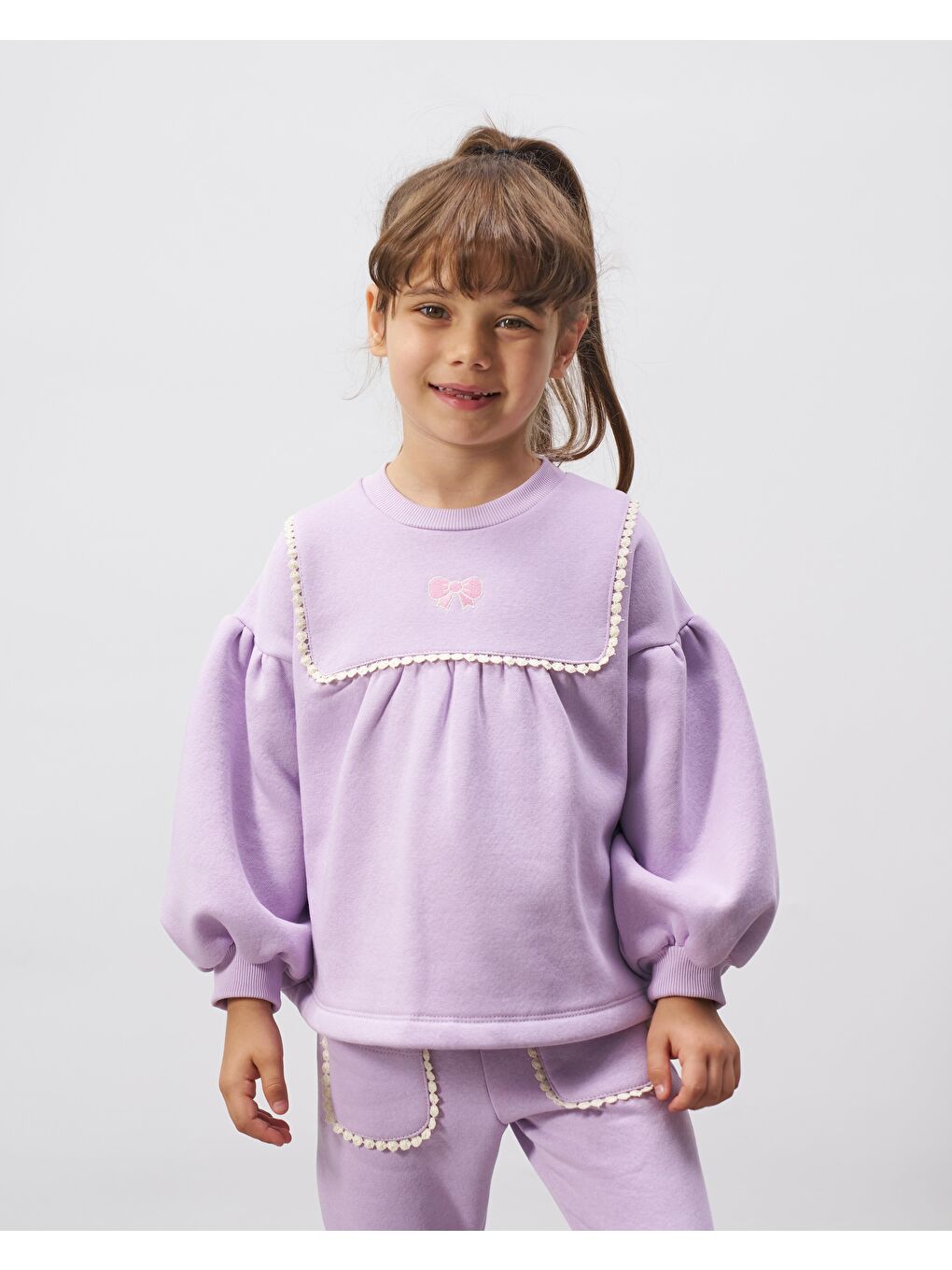 Kız Çocuk Pamuklu Lila İnci Detaylı Sweatshirt Eşofman Takımı - Balon Kol-3