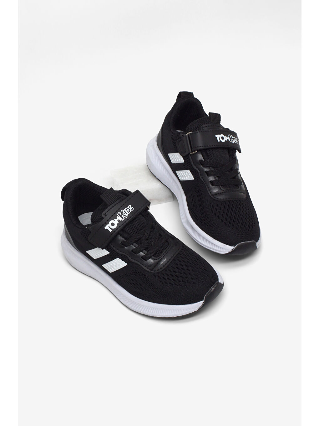 Çocuk Unisex Siyah Beyaz Rahat Kalıp Nefes Alabilen Cırtlı Bağcıklı Sneaker-5