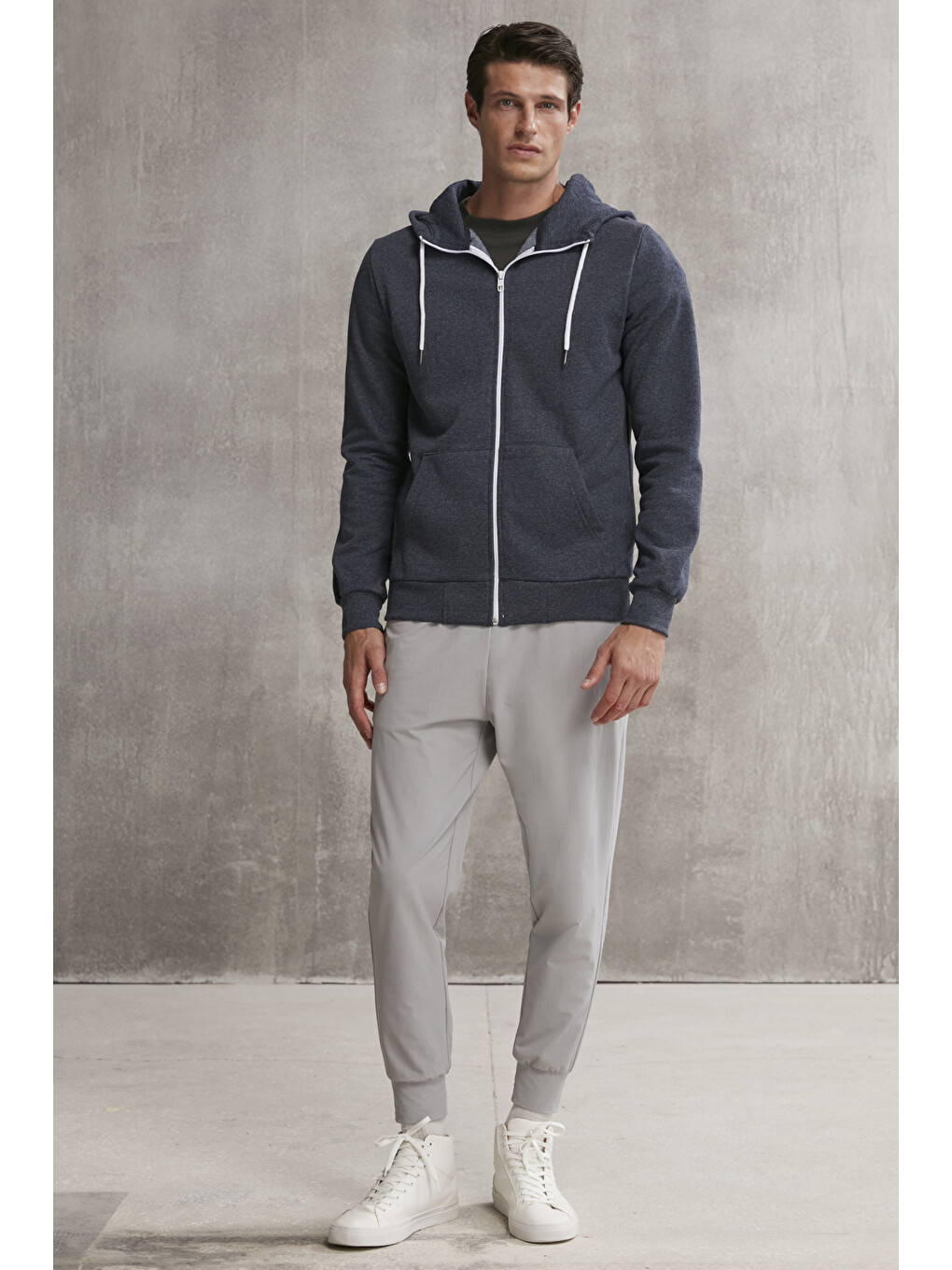 Core Erkek Fermuarlı Yüksek Yaka Kapüşonlu Kordonlu İçi Polarlı Lacivert Sweatshirt-2