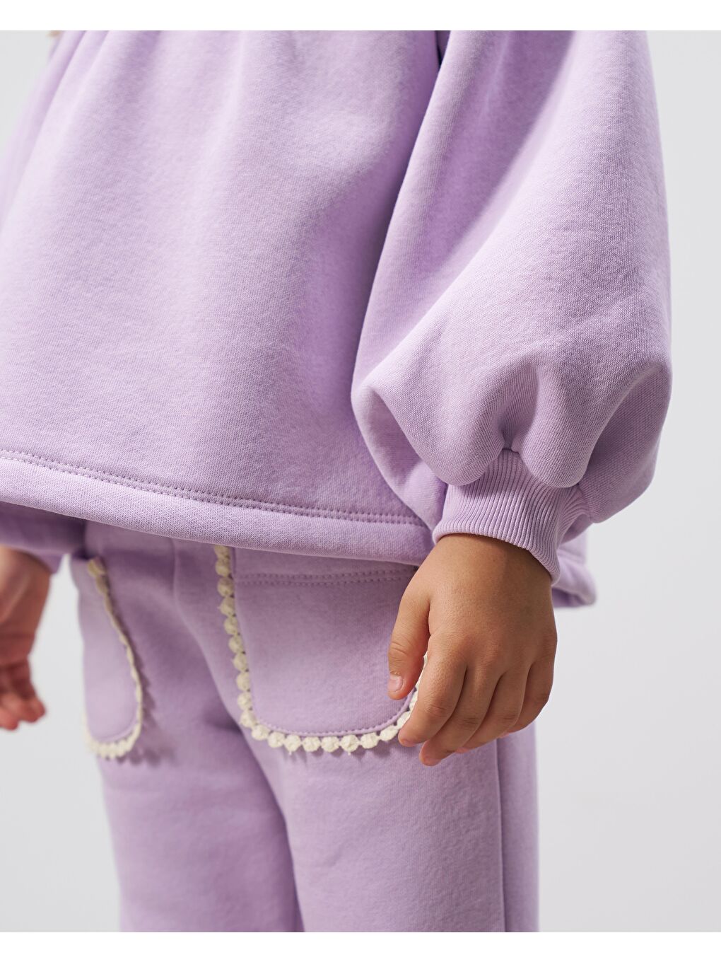 Kız Çocuk Pamuklu Lila İnci Detaylı Sweatshirt Eşofman Takımı - Balon Kol-4