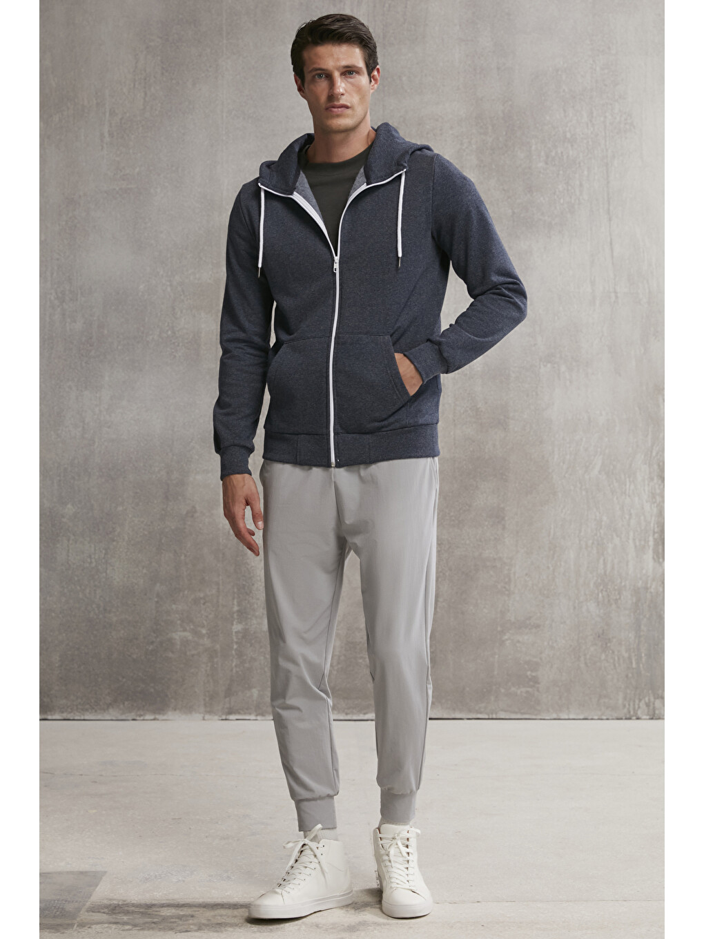Core Erkek Fermuarlı Yüksek Yaka Kapüşonlu Kordonlu İçi Polarlı Lacivert Sweatshirt-3