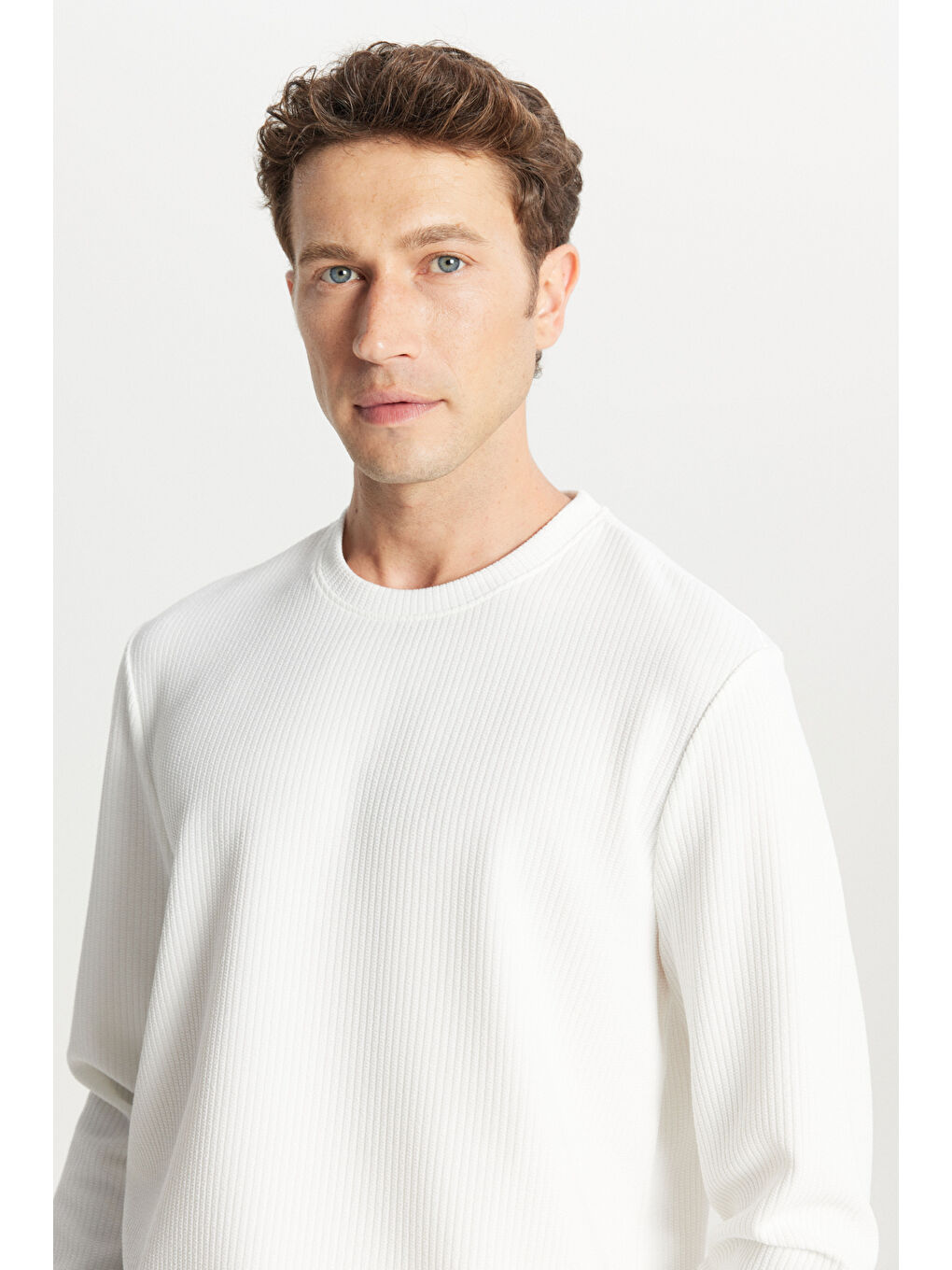 Erkek Ekru Slim Fit Dar Kesim Bisiklet Yaka Jakarlı Uzun Kollu Tişört-3