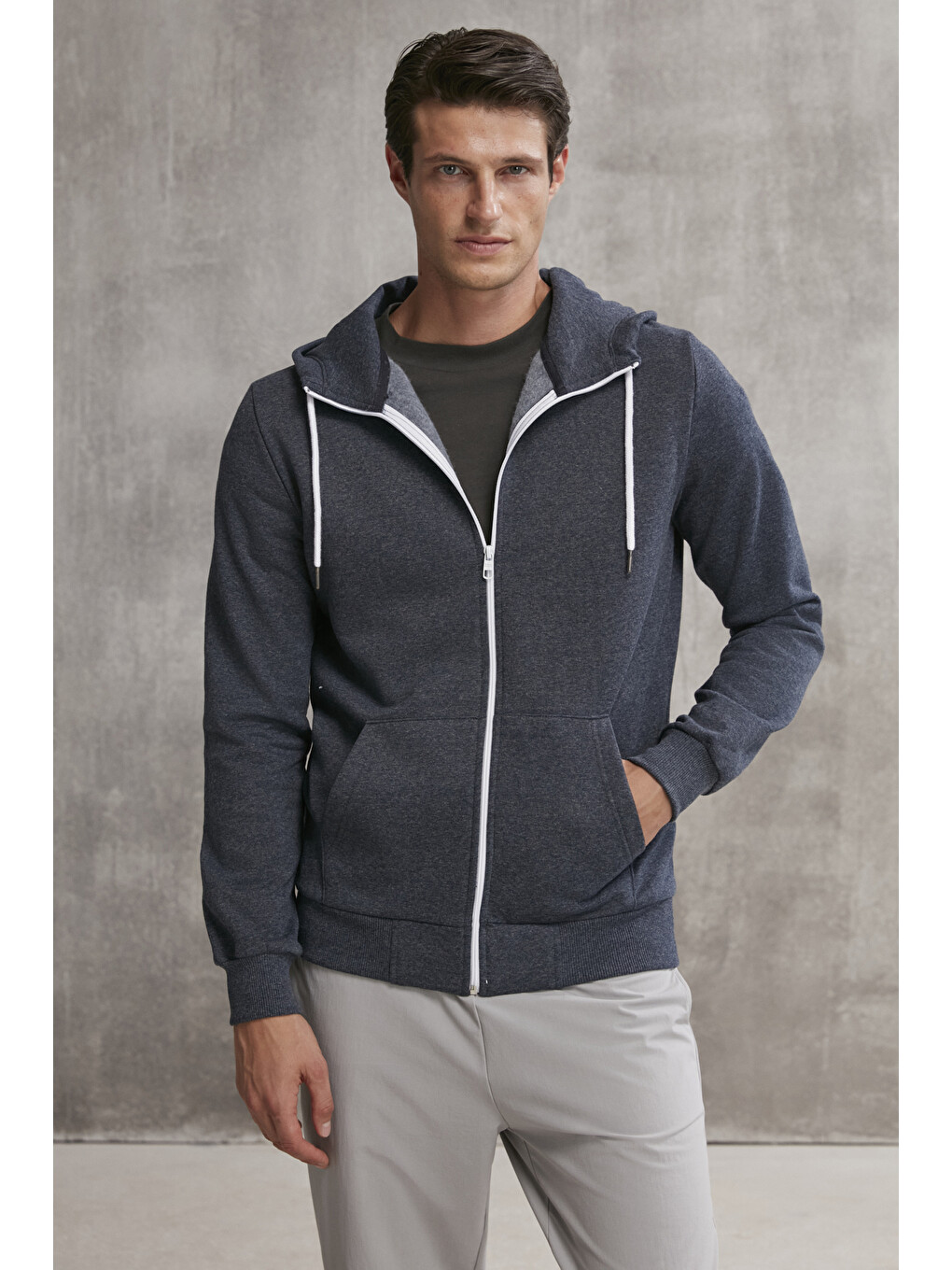 Core Erkek Fermuarlı Yüksek Yaka Kapüşonlu Kordonlu İçi Polarlı Lacivert Sweatshirt-4