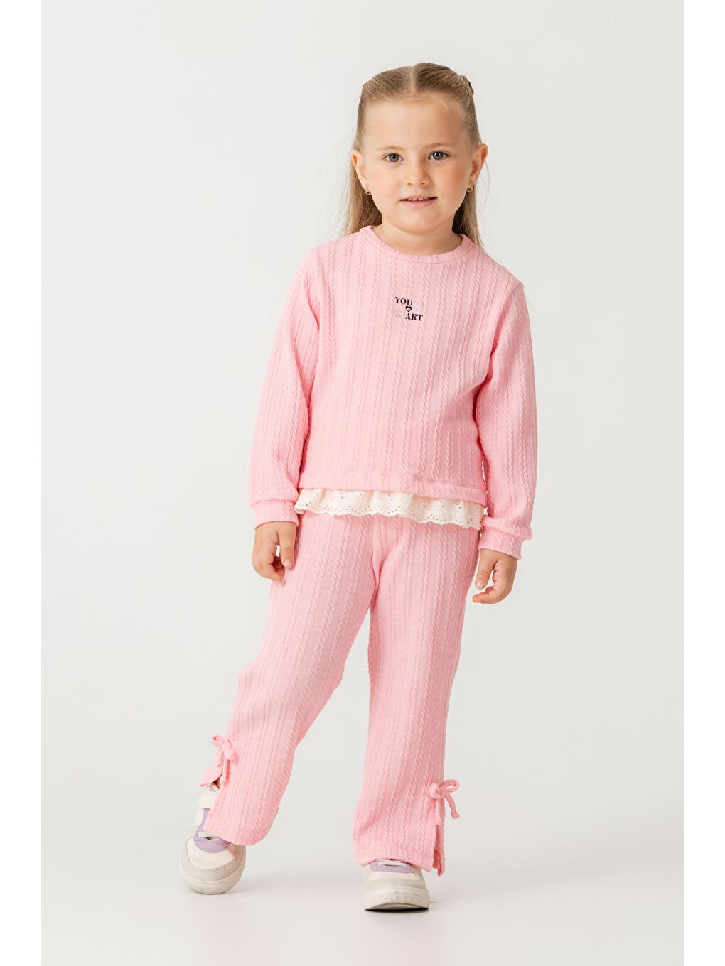 Kız Çocuk Pamuklu Pembe Fisto Detaylı Sweatshirt Eşofman Takım - Konforlu Günlük Giyim