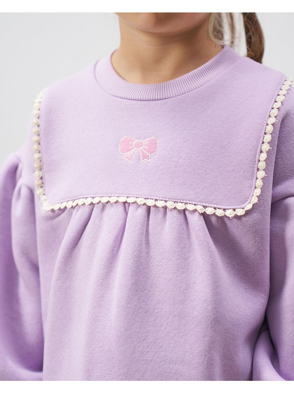 Kız Çocuk Pamuklu Lila İnci Detaylı Sweatshirt Eşofman Takımı - Balon Kol-5