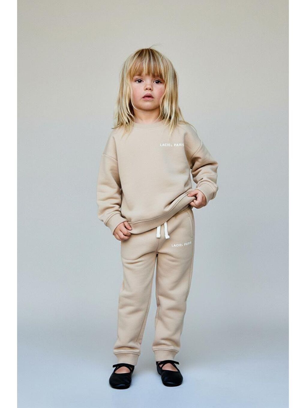 Ekru Kız Çocuk Pamuklu Oversize Sweatshirt Eşofman Alt Takım - Rahat Ve