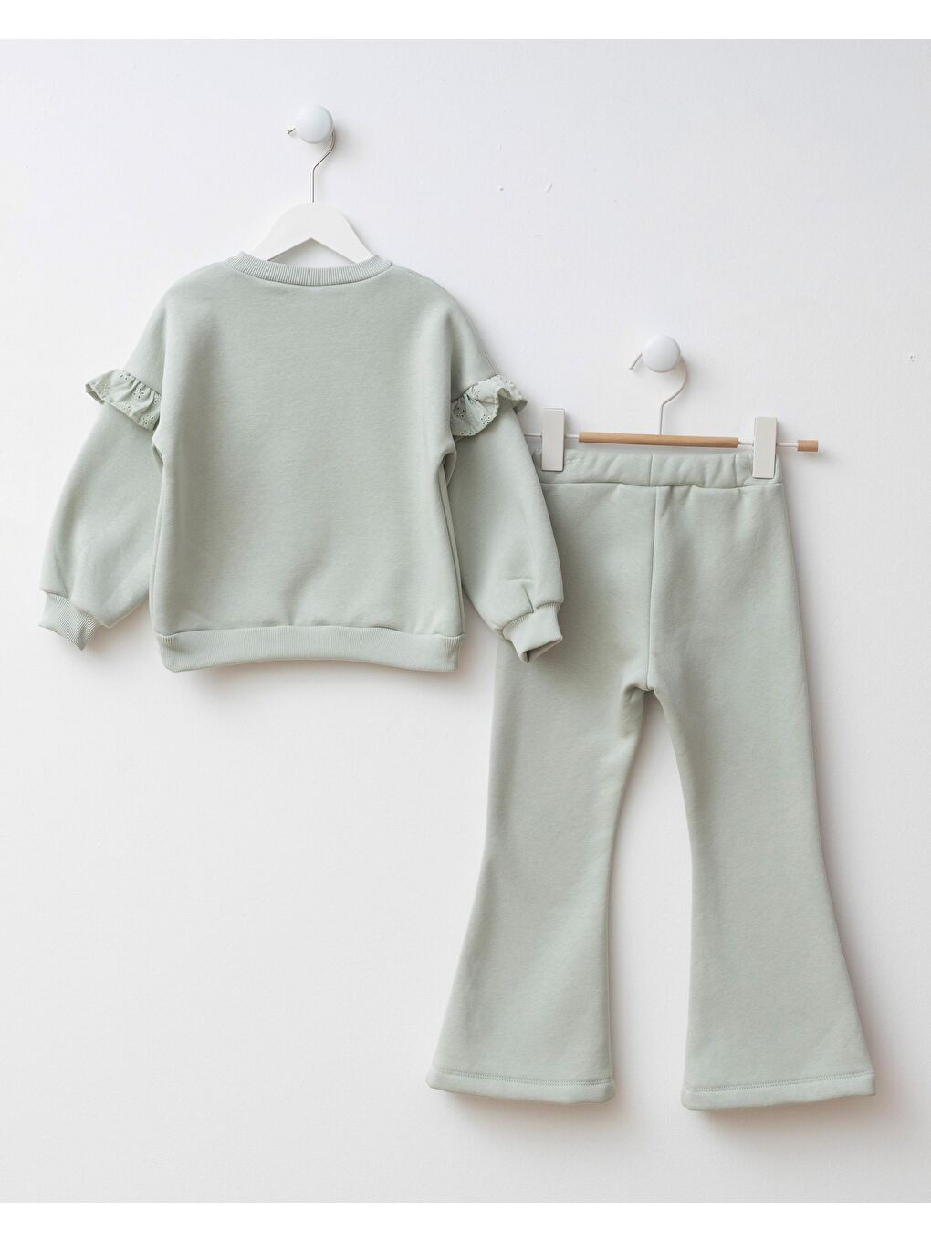 Kız Çocuk Pamuklu Mint Yeşili Love Baskılı Fırfır Detaylı Eşofman Takımı - Geniş Paça-5