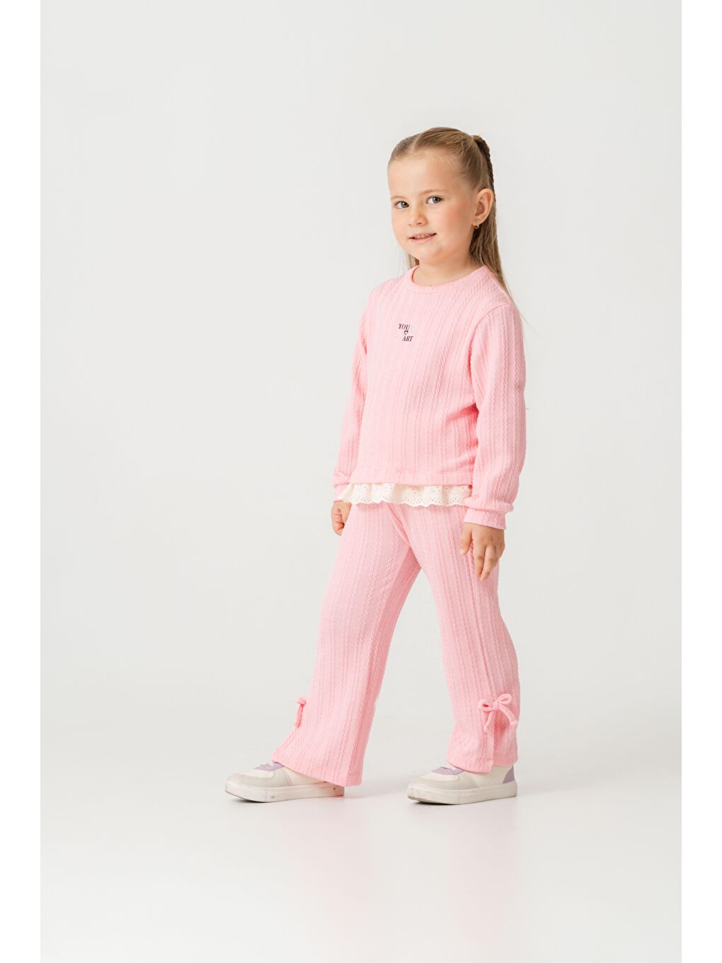 Kız Çocuk Pamuklu Pembe Fisto Detaylı Sweatshirt Eşofman Takım - Konforlu Günlük Giyim-1