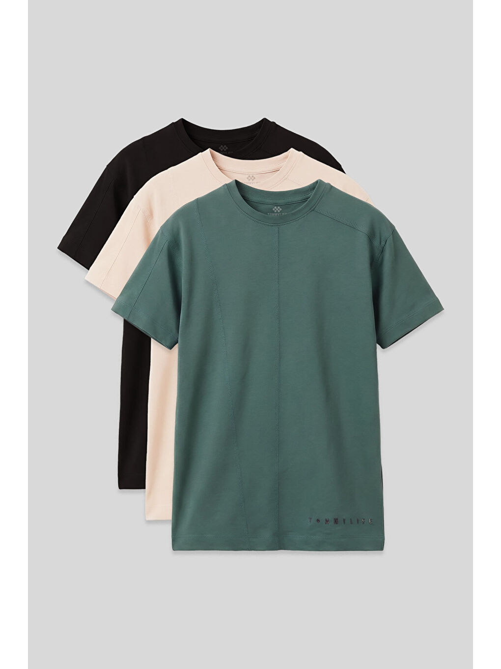 Basic Oversize O Yaka 3lü Paket Siyah-Bej-Açık Yeşil Erkek Çocuk T-Shirt - 11297
