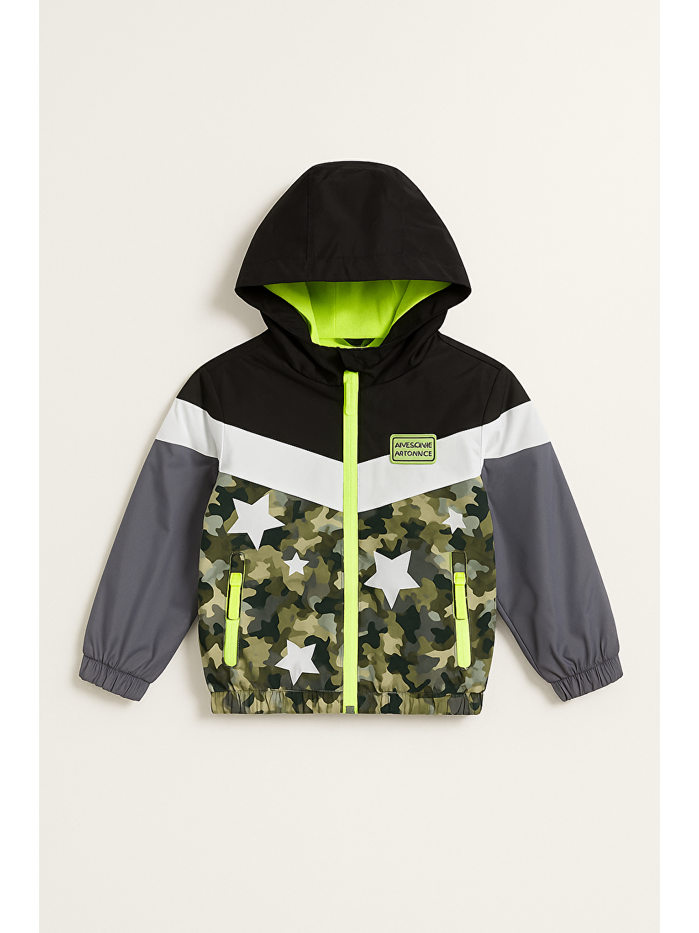 Karışık Erkek Çocuk Kapüşonlu Kamuflaj Desenli Yıldız Baskılı Rüzgarlık Mont - Su Geçirmez Fermuarlı Ceket