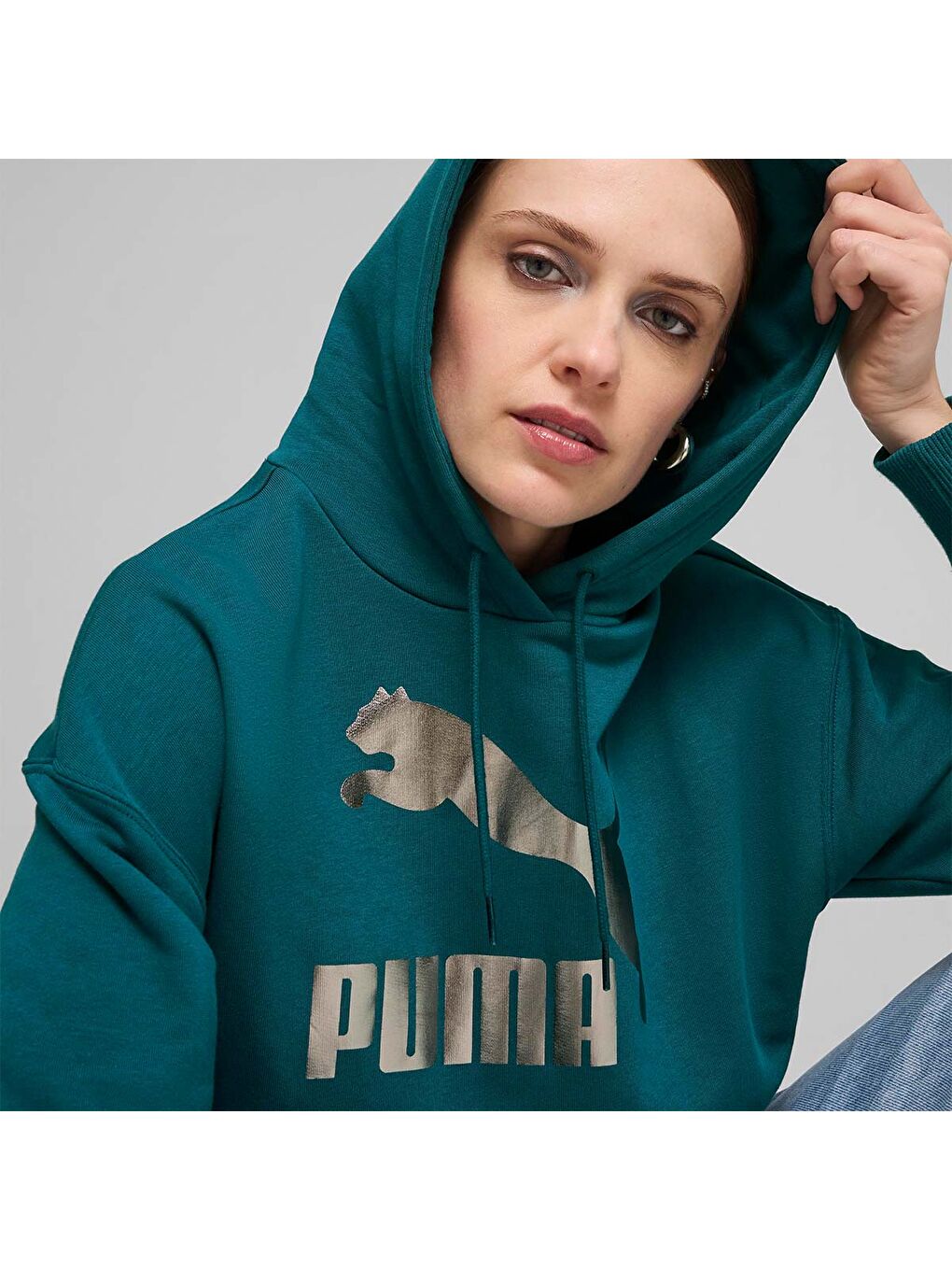 Classics Shiny Logo Kadın Yeşil Kapüşonlu Hoodie