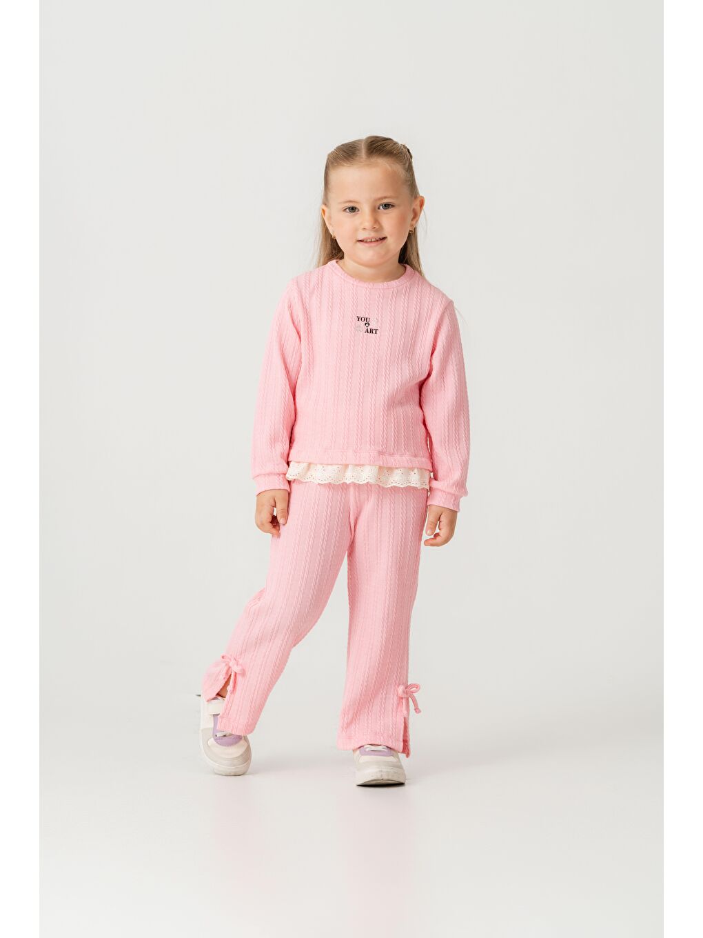 Kız Çocuk Pamuklu Pembe Fisto Detaylı Sweatshirt Eşofman Takım - Konforlu Günlük Giyim-2
