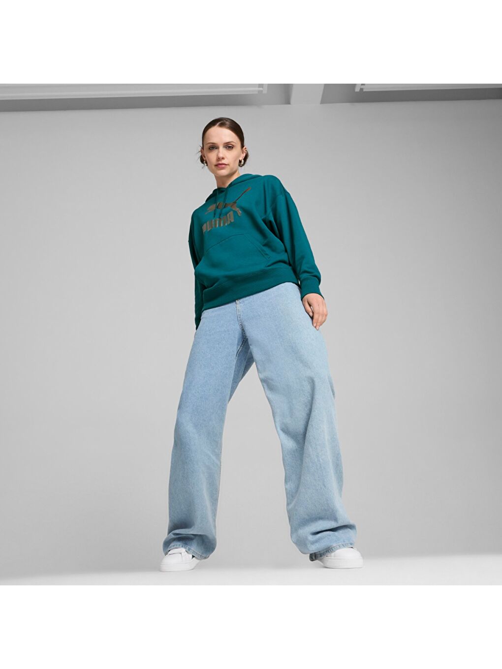 Classics Shiny Logo Kadın Yeşil Kapüşonlu Hoodie-2