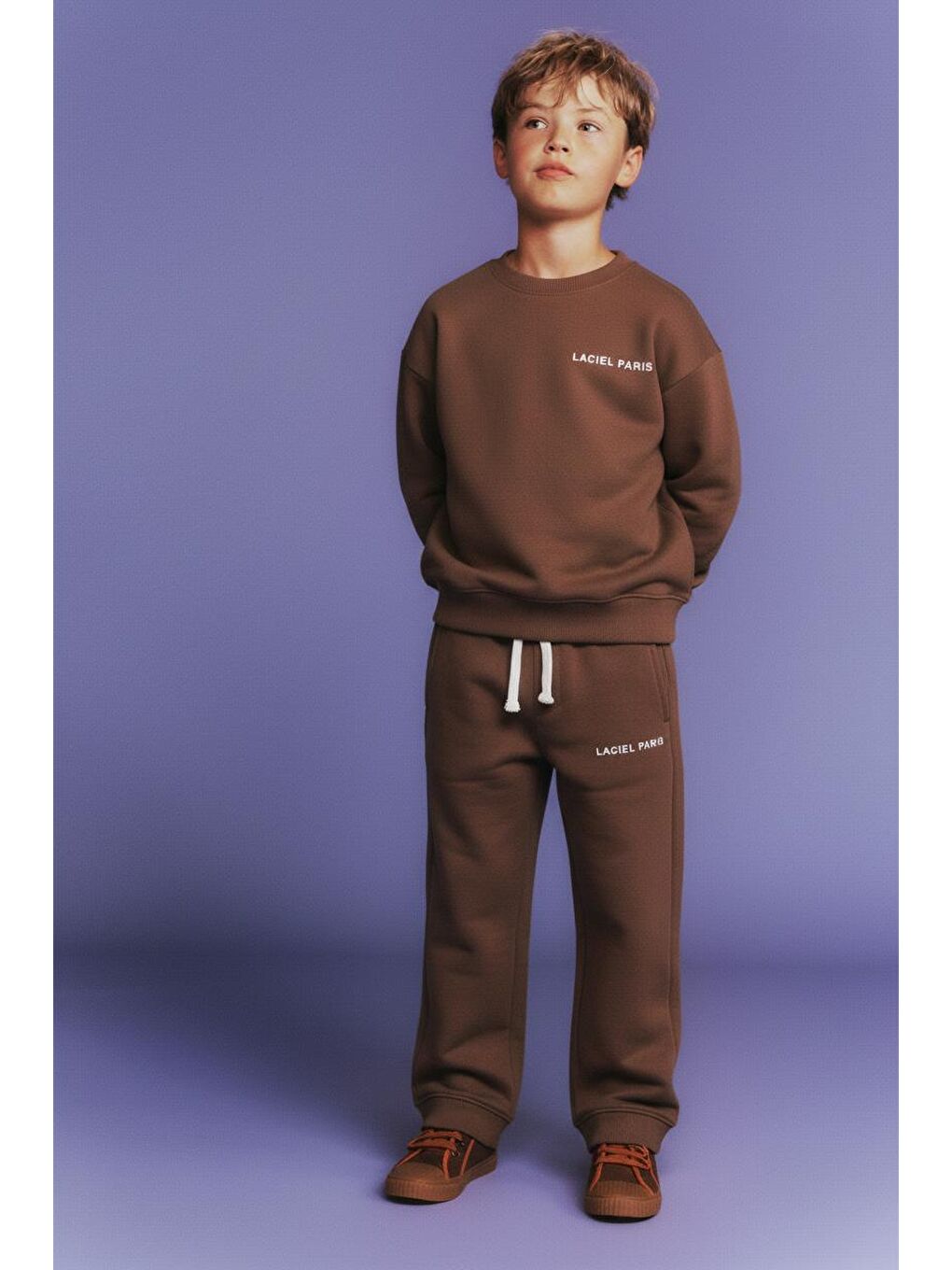 Erkek Çocuk Pamuklu Kahverengi Oversize Sweatshirt Eşofman Alt Takım - Rahat Ve