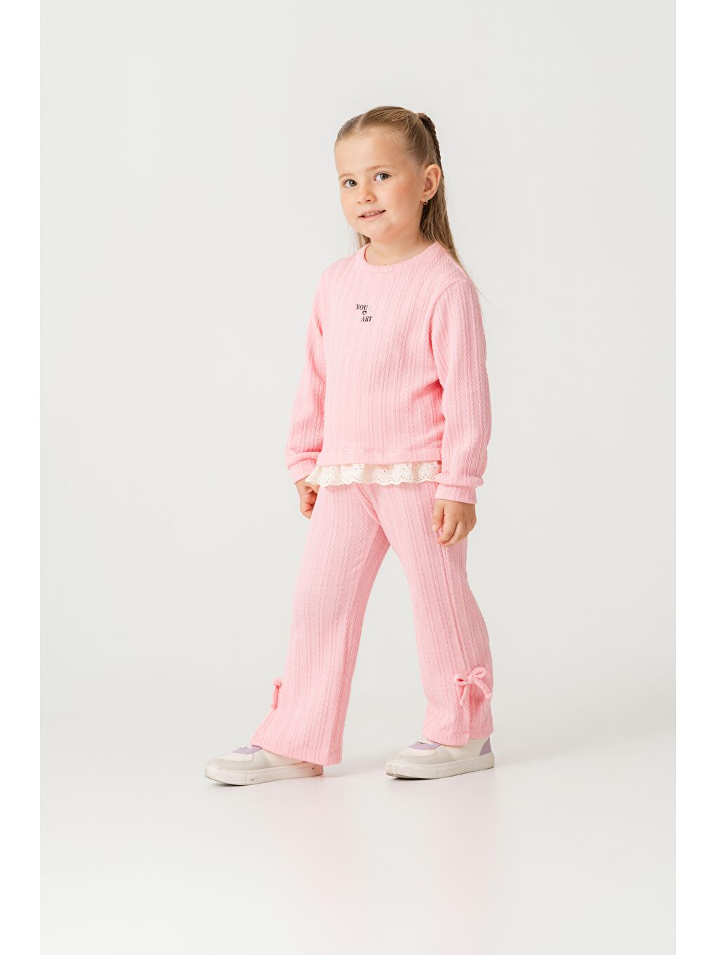 Kız Çocuk Pamuklu Pembe Fisto Detaylı Sweatshirt Eşofman Takım - Konforlu Günlük Giyim-3