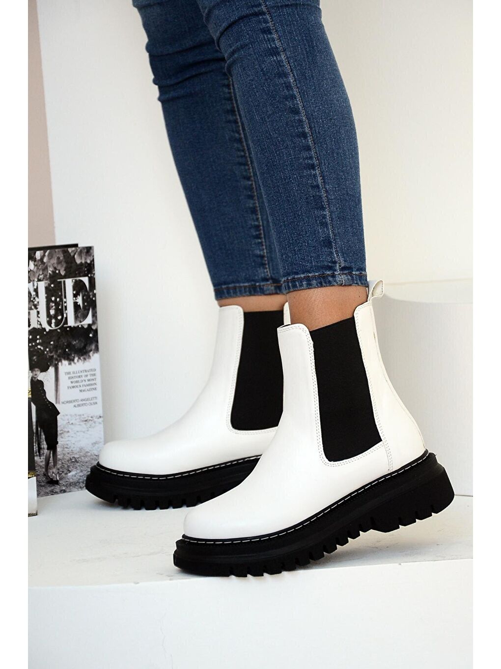 Beyaz Kalın Taban Rahat Kalıp Lastikli Kadın Bot & Bootie 031-1470-22Cilt-1