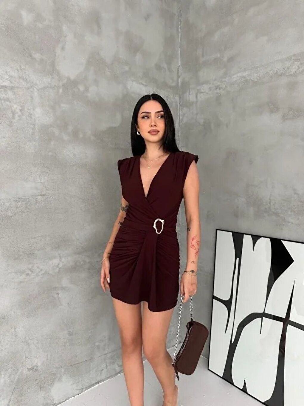 Kruvaze Drapeli Tokalı Mini Elbise Gece Davet Abiye - Kahverengi-2