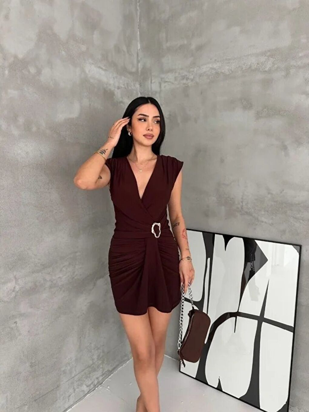 Kruvaze Drapeli Tokalı Mini Elbise Gece Davet Abiye - Kahverengi-3