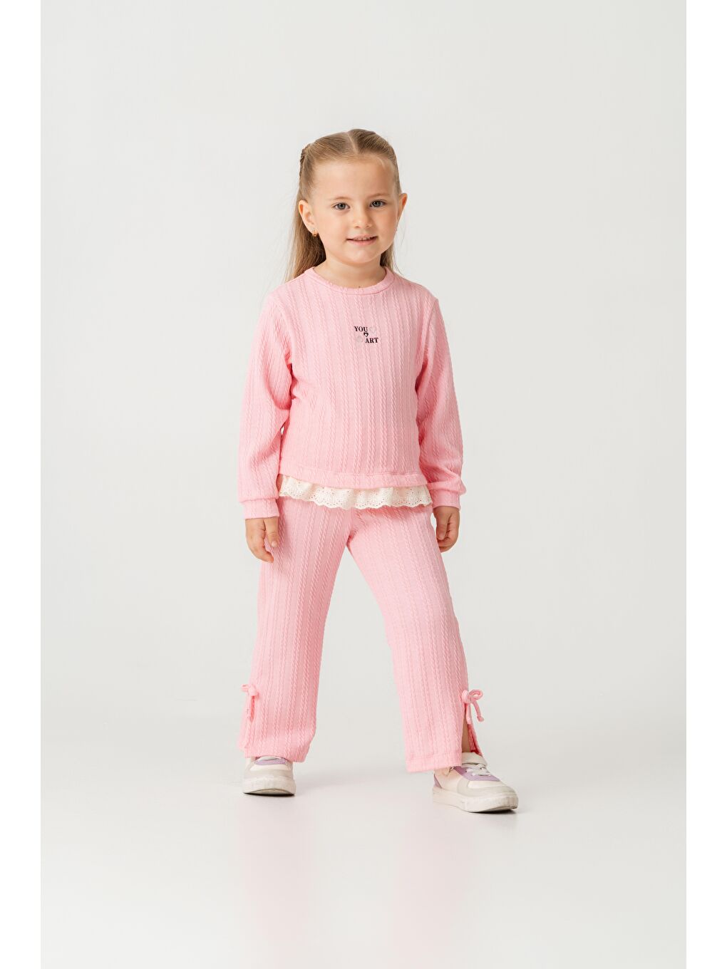 Kız Çocuk Pamuklu Pembe Fisto Detaylı Sweatshirt Eşofman Takım - Konforlu Günlük Giyim-4