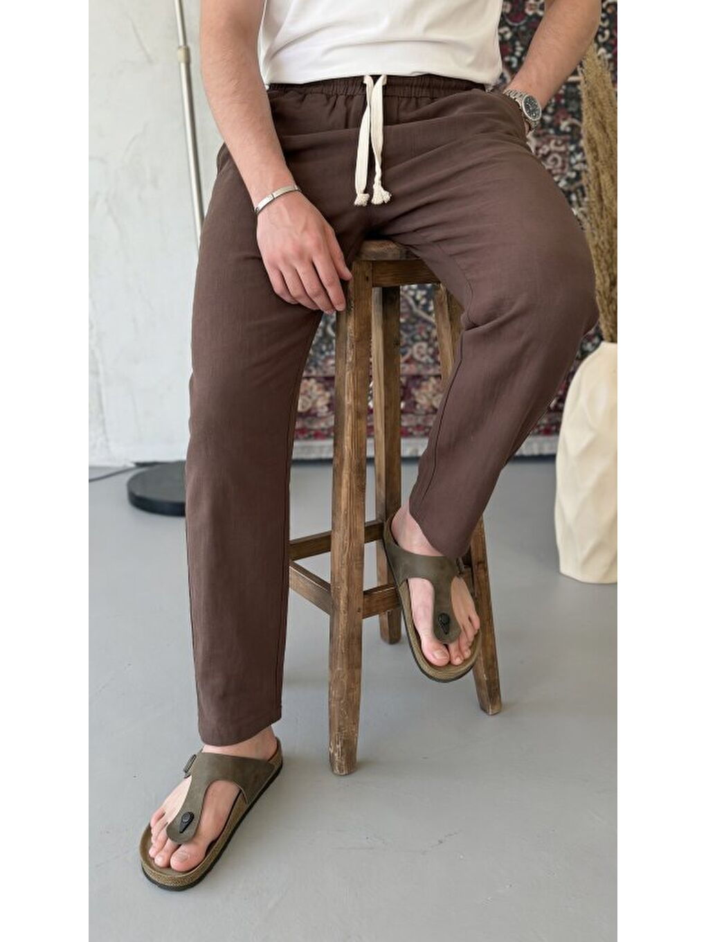 Kahverengi Erkek İthal Yıkamalı Keten Pantolon-1