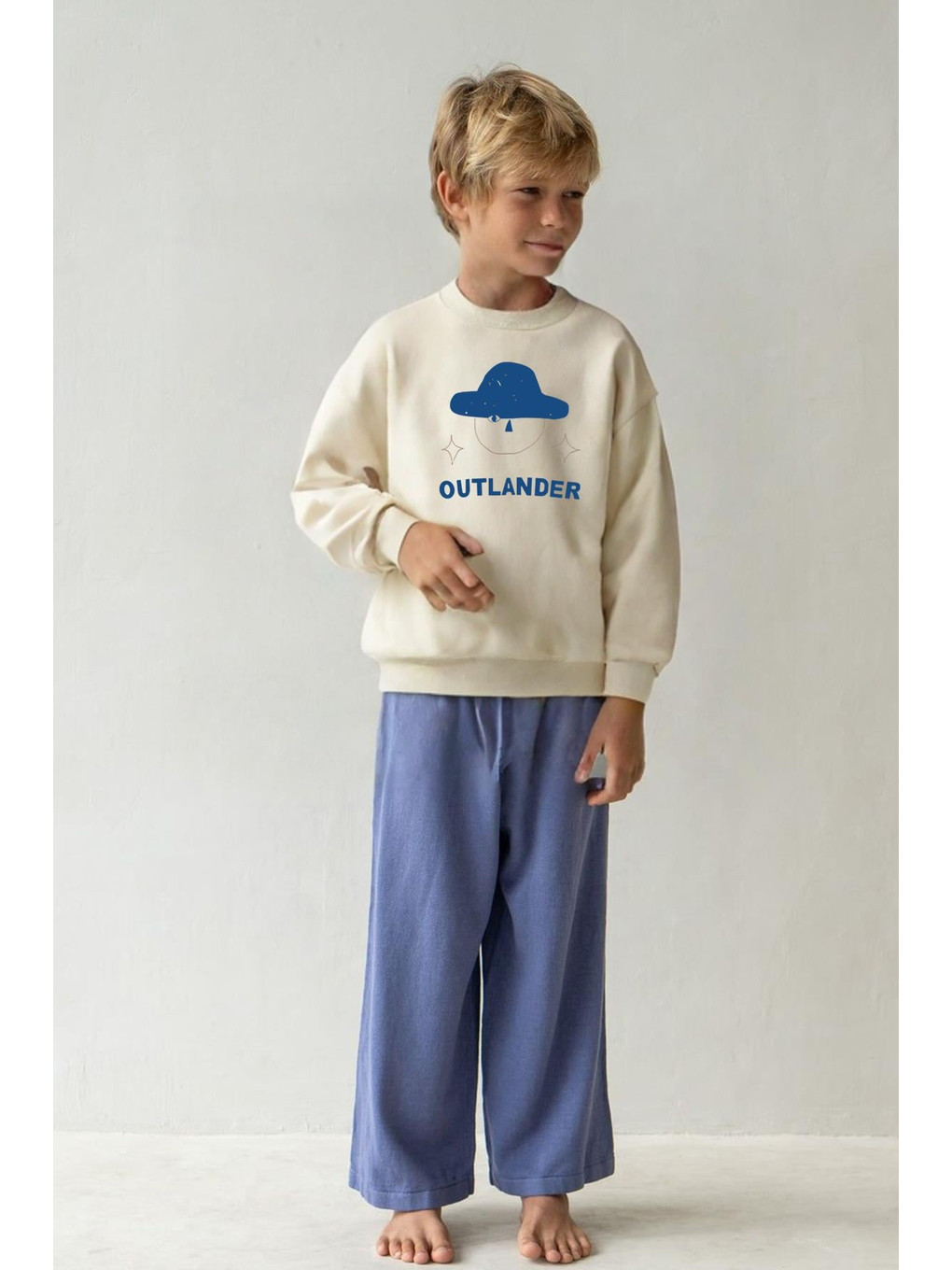 Bej Erkek Çocuk Baskılı 3 İplik Kumaş Pamuklu Sweatshirt