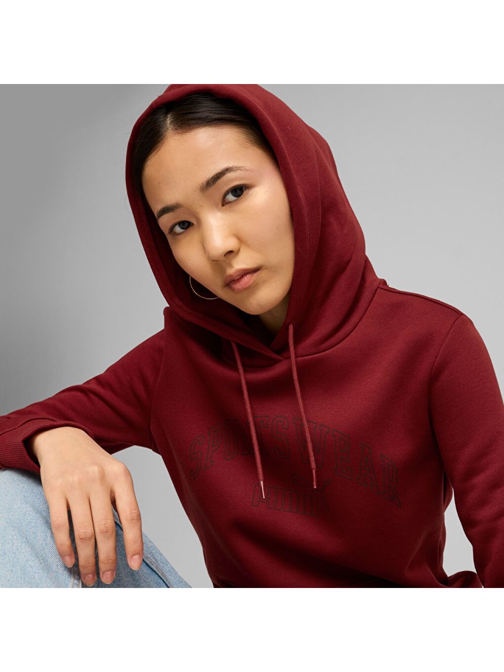 Ess Logo Lab Kadın Bordo Kapüşonlu Hoodie-1