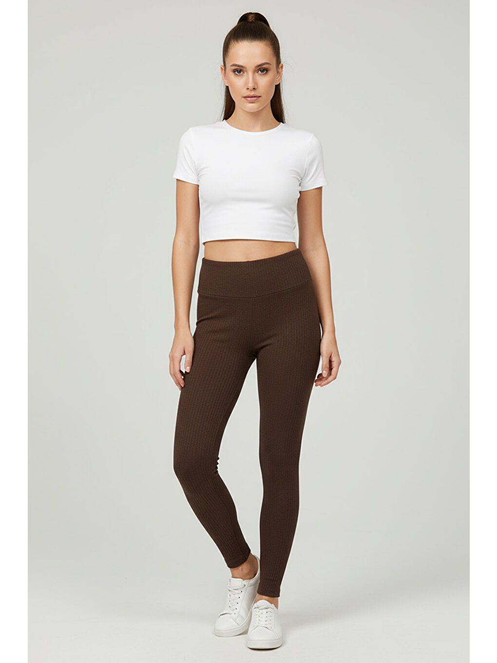 Kahverengi Yüksek Bel Fitilli Kaşkorse Tayt Kahve - 27951-KAHVE