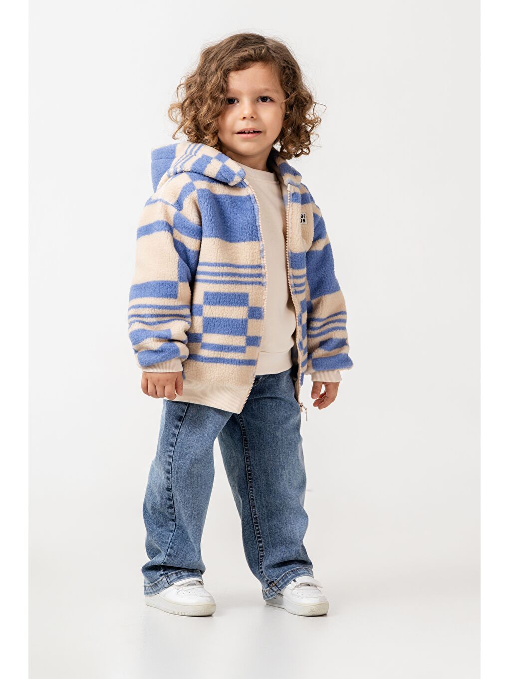 Karışık Erkek Çocuk Pamuklu Bej Mavi Kare Desenli Kapüşonlu Fermuarlı Polar Mont - Rahat Dış Giyim