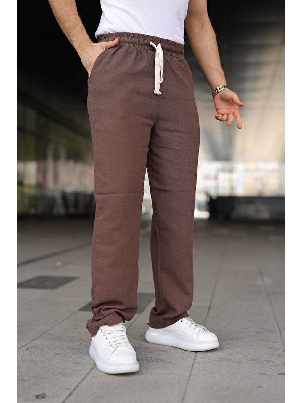 Kahverengi Erkek İthal Yıkamalı Keten Pantolon-4