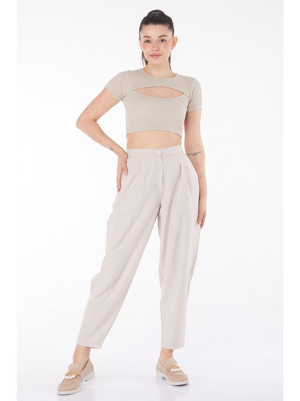 Orta Kadın Bej Çizgili Pantolon - 25872