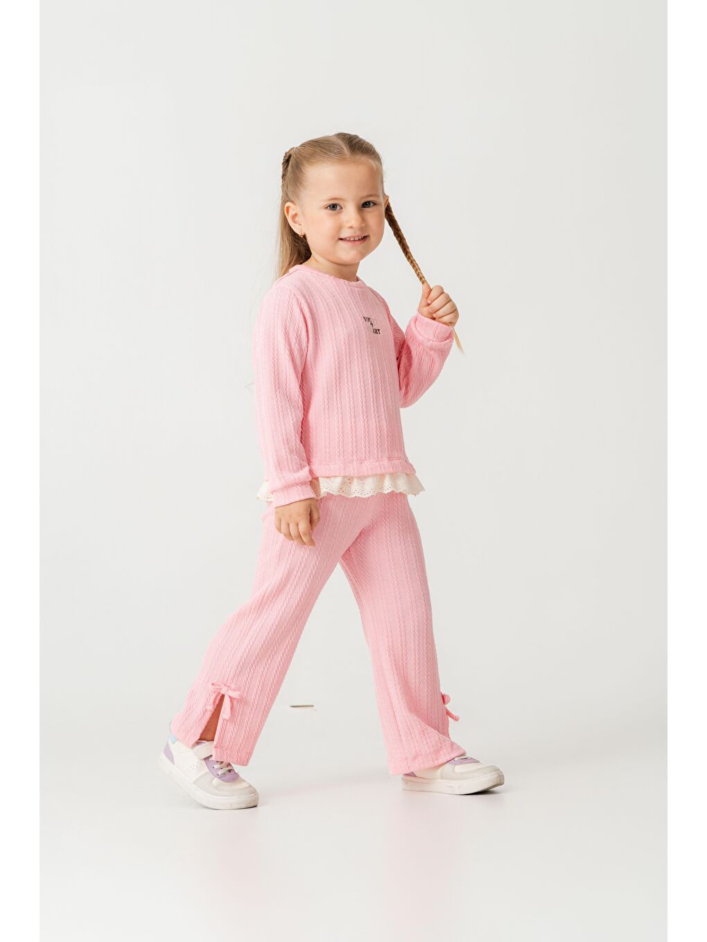 Kız Çocuk Pamuklu Pembe Fisto Detaylı Sweatshirt Eşofman Takım - Konforlu Günlük Giyim-5
