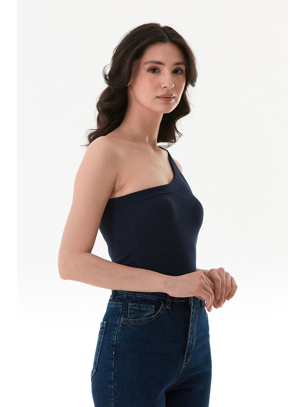 Lacivert Basic Fitilli Tek Kol Modal Body-2