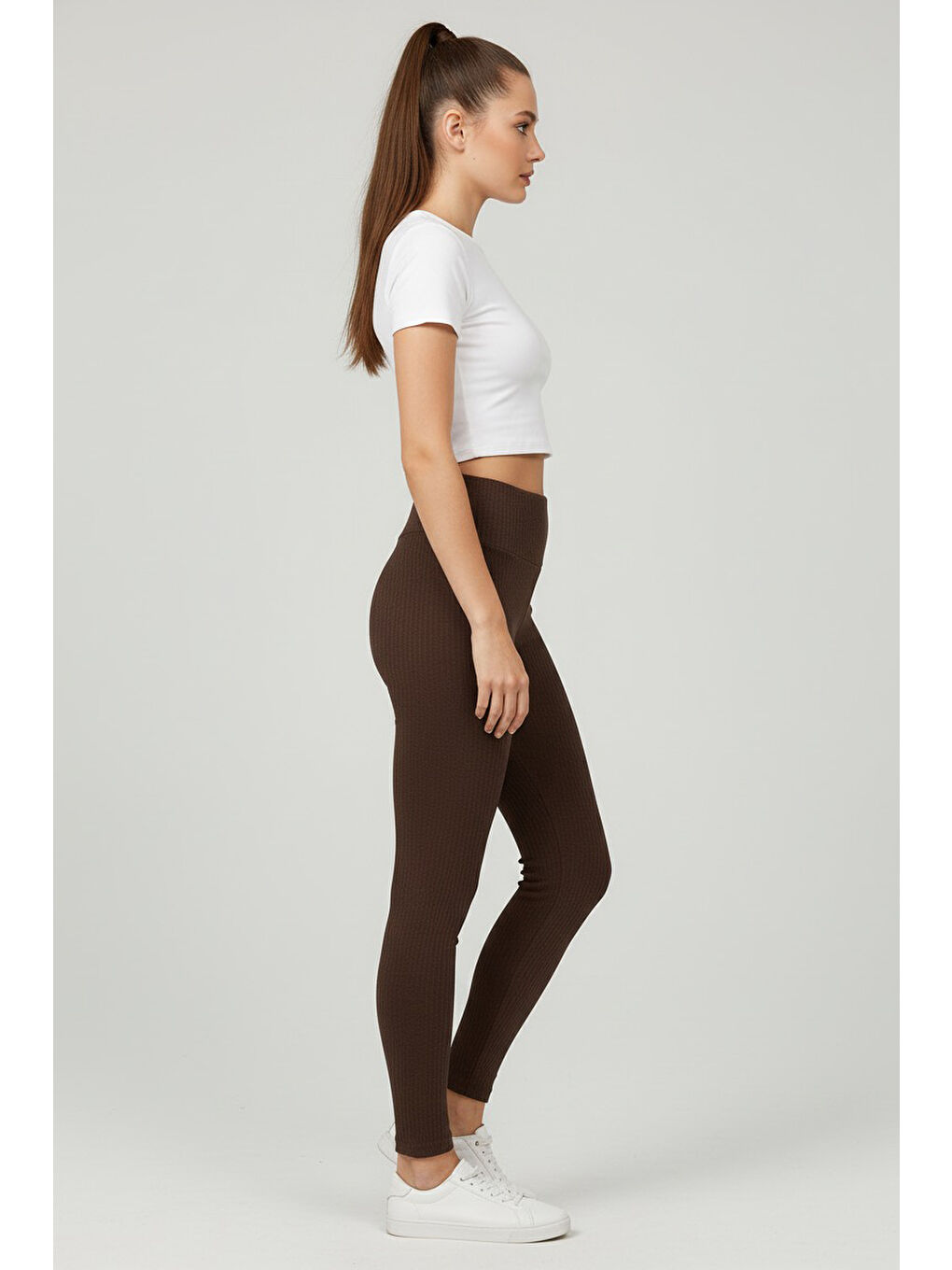 Kahverengi Yüksek Bel Fitilli Kaşkorse Tayt Kahve - 27951-KAHVE-2