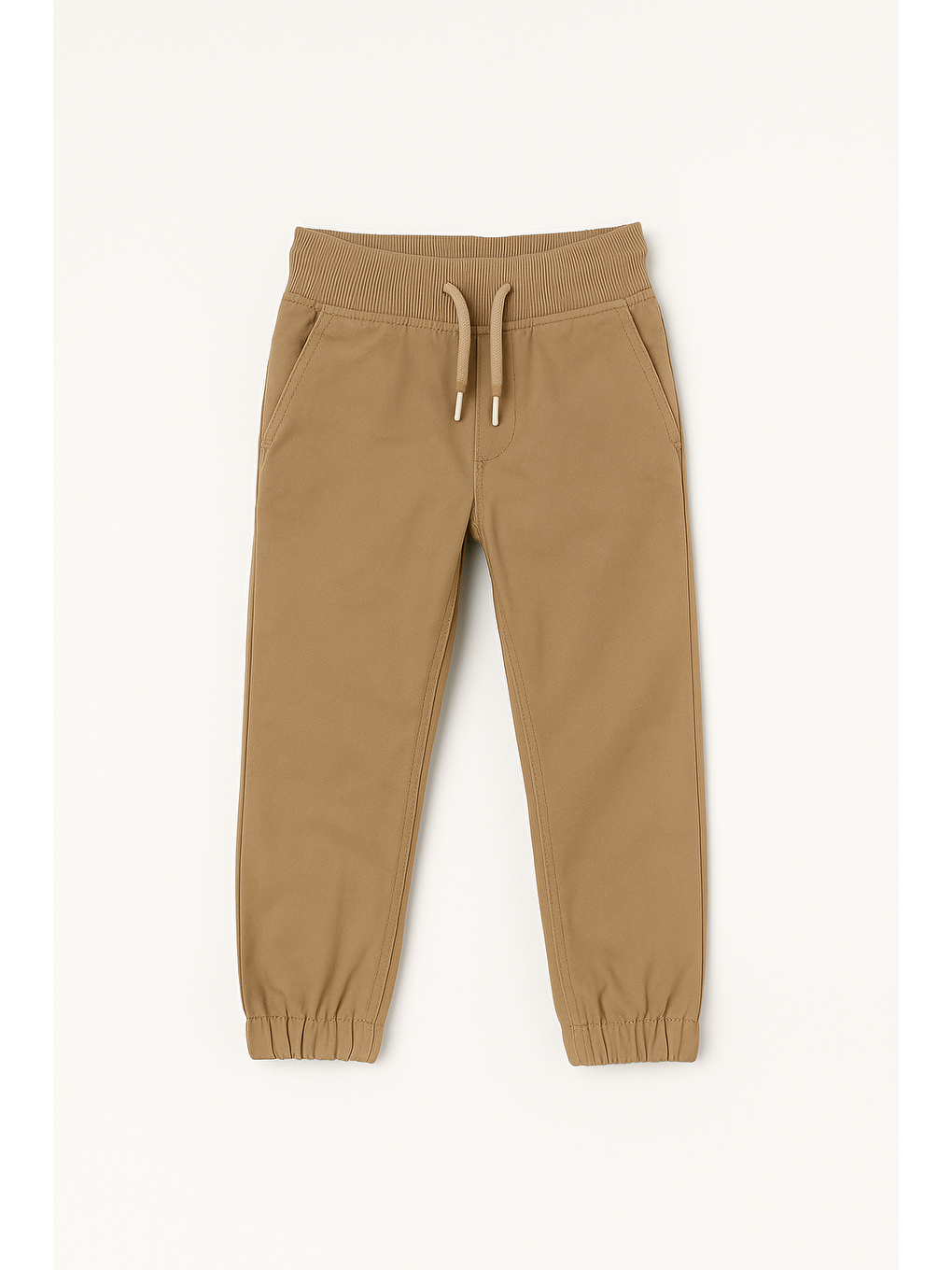 Bej Erkek Çocuk Pamuklu  Okul Pantolonu - Lastikli Beli Cepli Rahat Kesim
