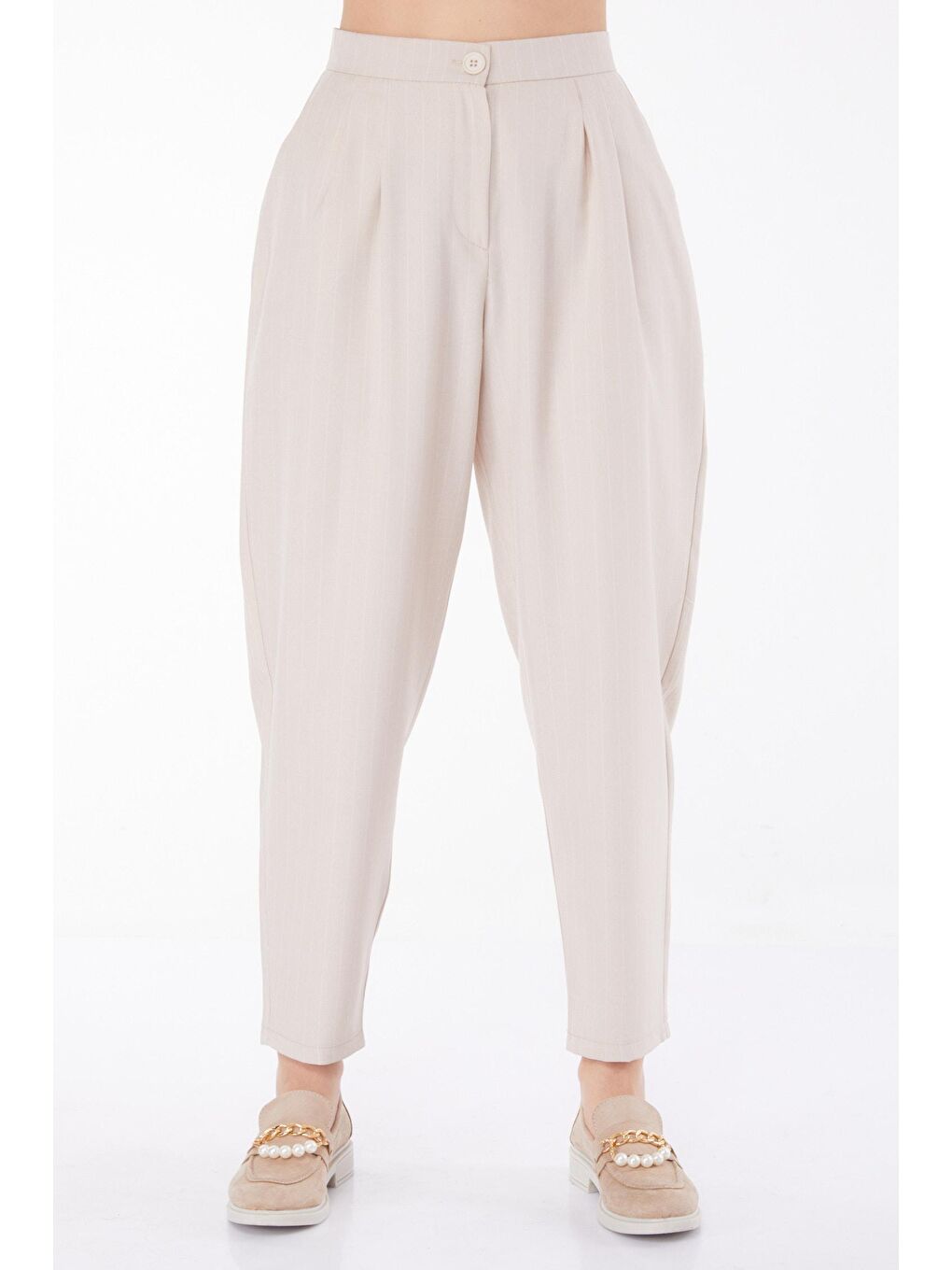 Orta Kadın Bej Çizgili Pantolon - 25872-1