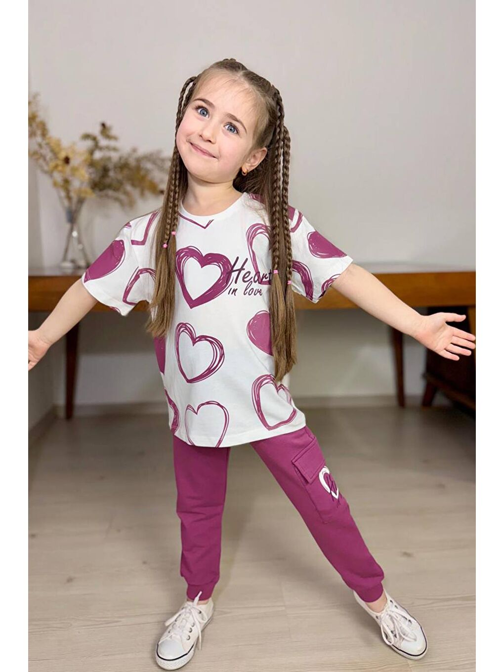 Kız Çocuk Pano Kalp Baskı Bisiklet Yaka T-Shirt Kargo Cepli Alt Mor Eşofman Takım