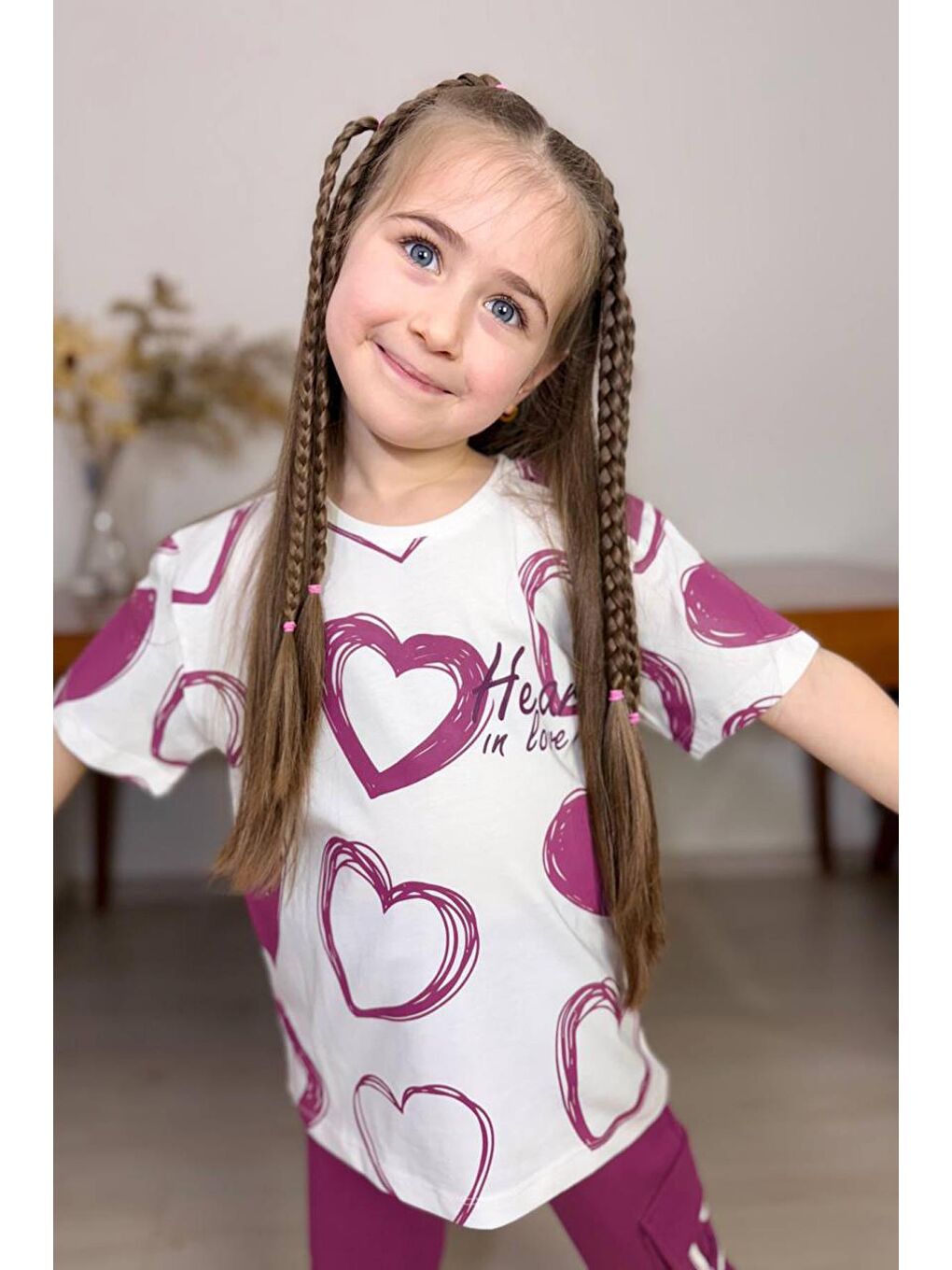 Kız Çocuk Pano Kalp Baskı Bisiklet Yaka T-Shirt Kargo Cepli Alt Mor Eşofman Takım-1