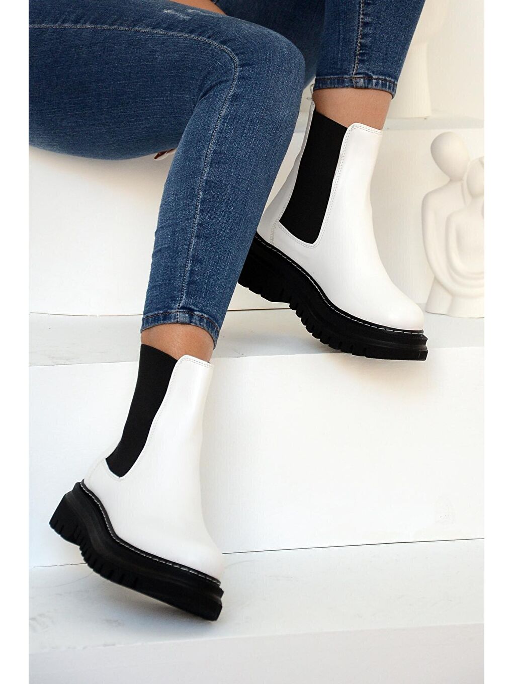 Beyaz Kalın Taban Rahat Kalıp Lastikli Kadın Bot & Bootie 031-1470-22Cilt-4