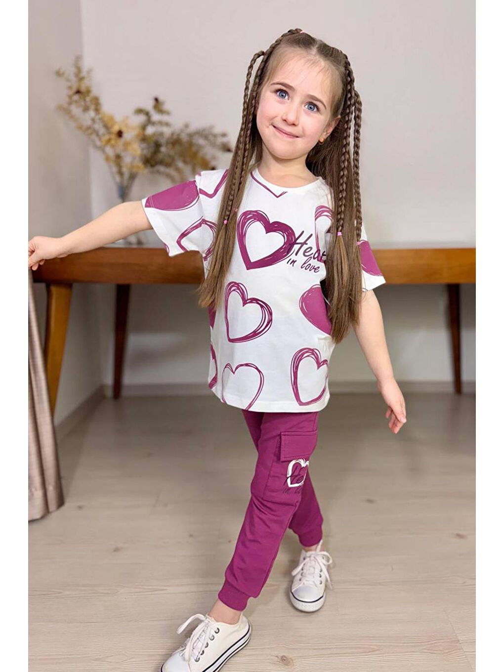 Kız Çocuk Pano Kalp Baskı Bisiklet Yaka T-Shirt Kargo Cepli Alt Mor Eşofman Takım-2