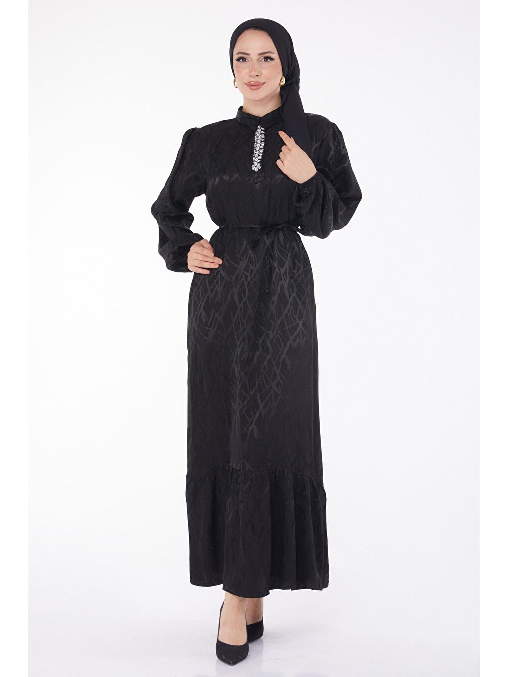 Düz Gömlek Yaka Kadın Siyah Taş Detaylı Elbise - 25888