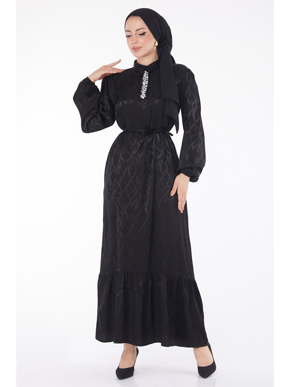 Düz Gömlek Yaka Kadın Siyah Taş Detaylı Elbise - 25888-1