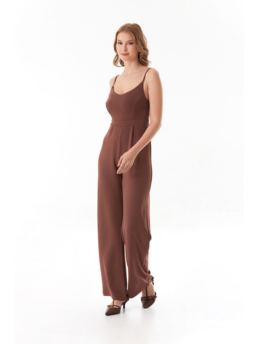 Kahverengi Askılı Fermuarlı Modal Tulum-1