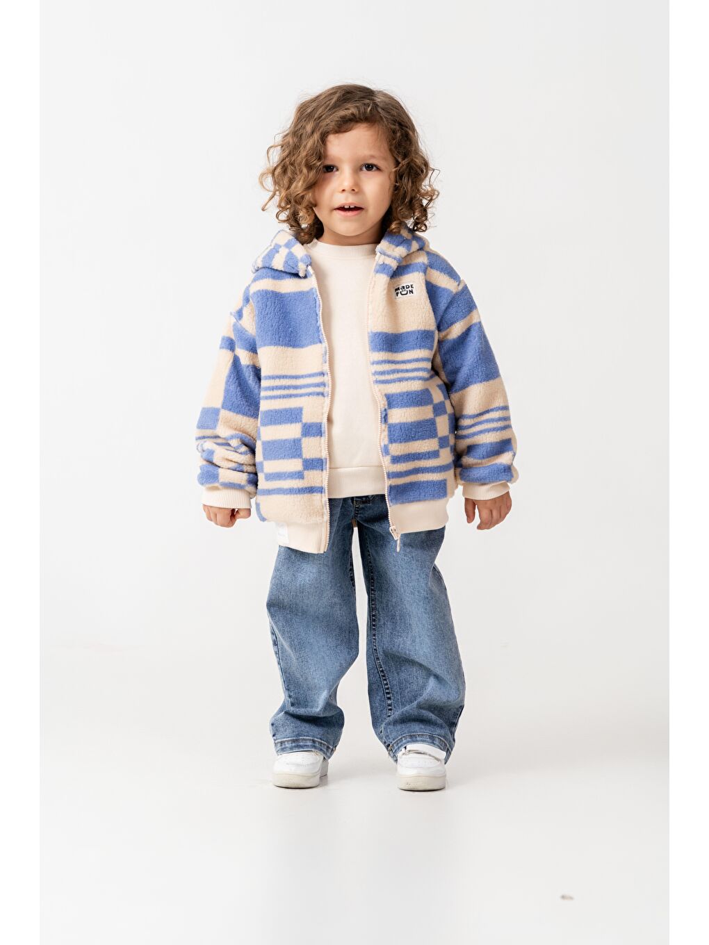 Karışık Erkek Çocuk Pamuklu Bej Mavi Kare Desenli Kapüşonlu Fermuarlı Polar Mont - Rahat Dış Giyim-1