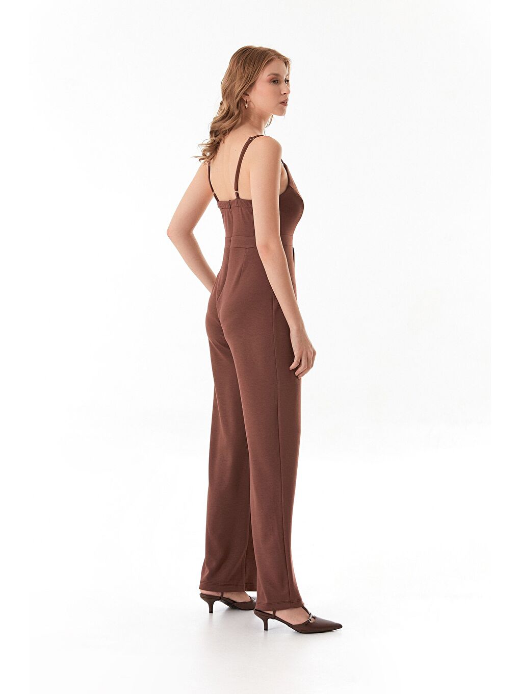 Kahverengi Askılı Fermuarlı Modal Tulum-2