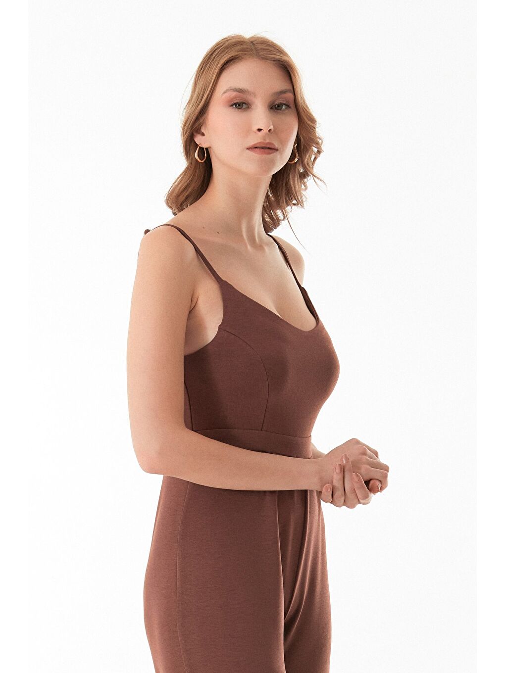 Kahverengi Askılı Fermuarlı Modal Tulum-3