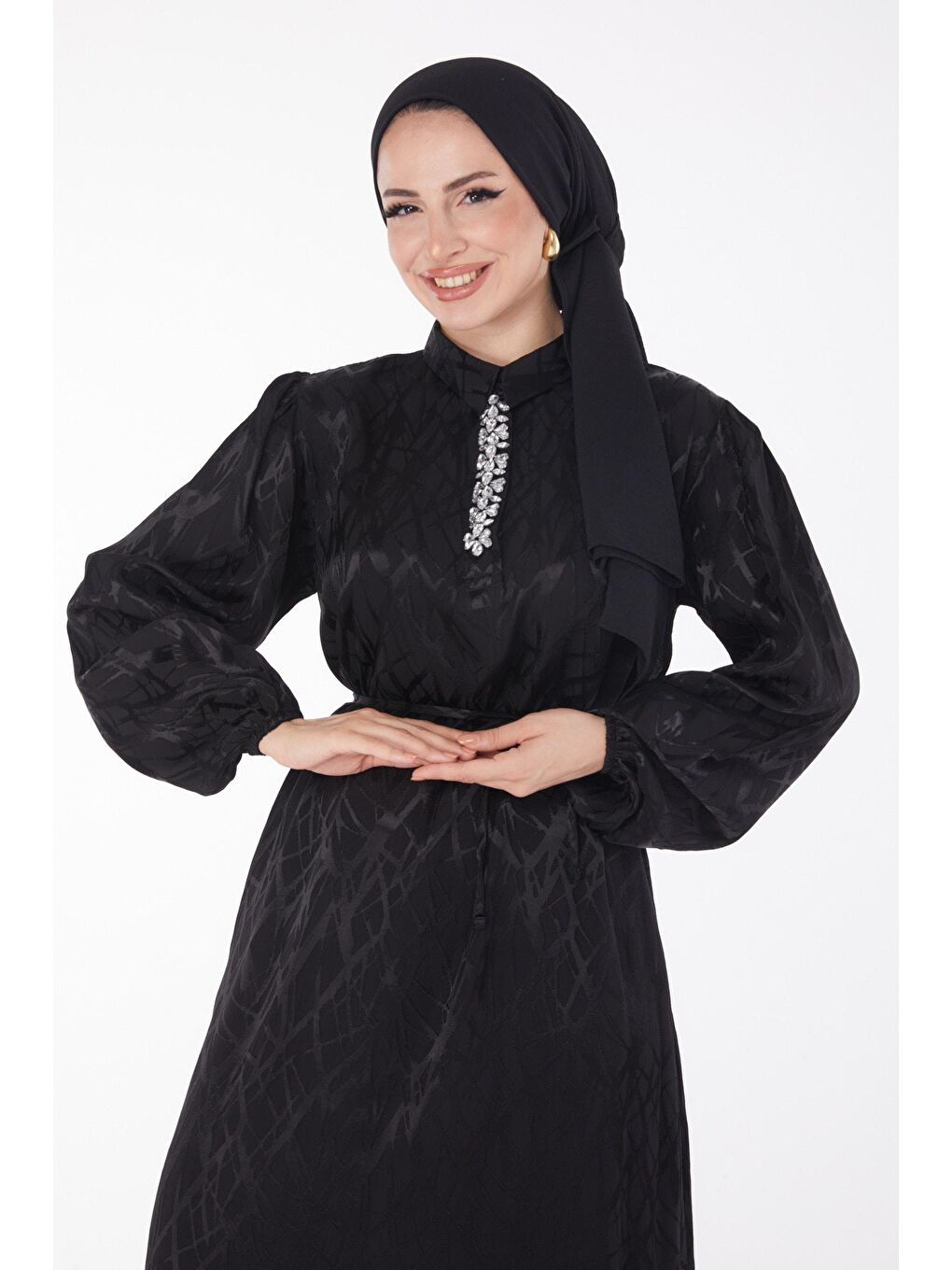 Düz Gömlek Yaka Kadın Siyah Taş Detaylı Elbise - 25888-2