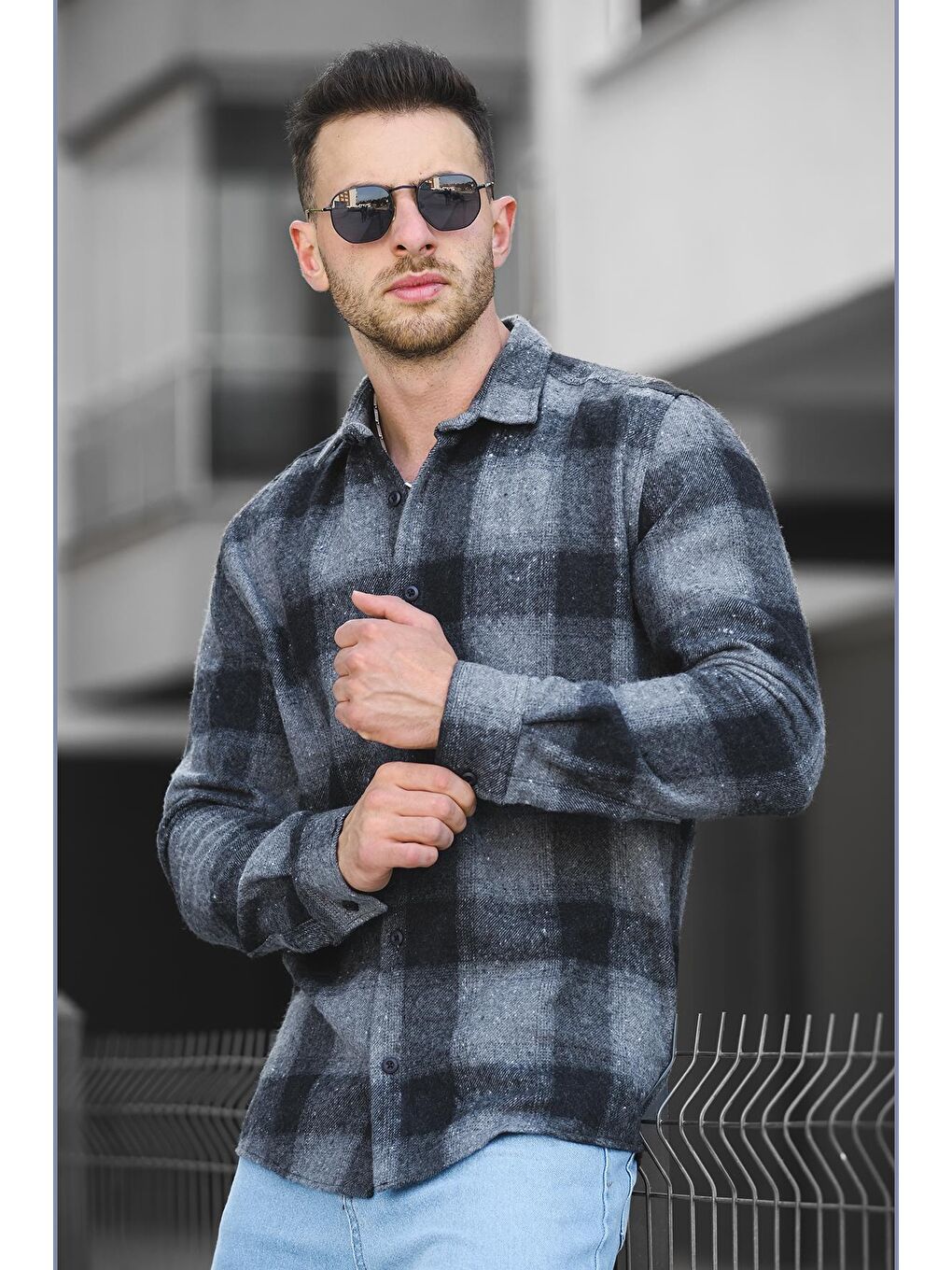 Antrasit Slim Fit Pamuklu Ekoseli Erkek Oduncu Gömlek