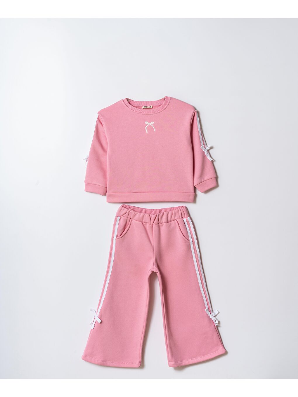 Kız Çocuk Pamuklu Pembe Fiyonk Detaylı Sweatshirt Ve Şeritli Eşofman Takım-1